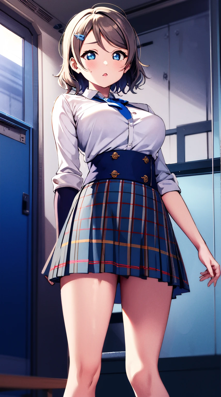 ,Best Quality, absurderes, Highest Quality, A masterpiece with attention to detail, Best Quality, 1girl in, Akira Watanabe, Looking at Viewer,  Bangs, Blue eyes, Skirt, Hair Ornament,  :F, 　big chest area, Best Quality, 1girl in, Akira Watanabe,  tight skirts　Very short skirt length, suits++　　ty