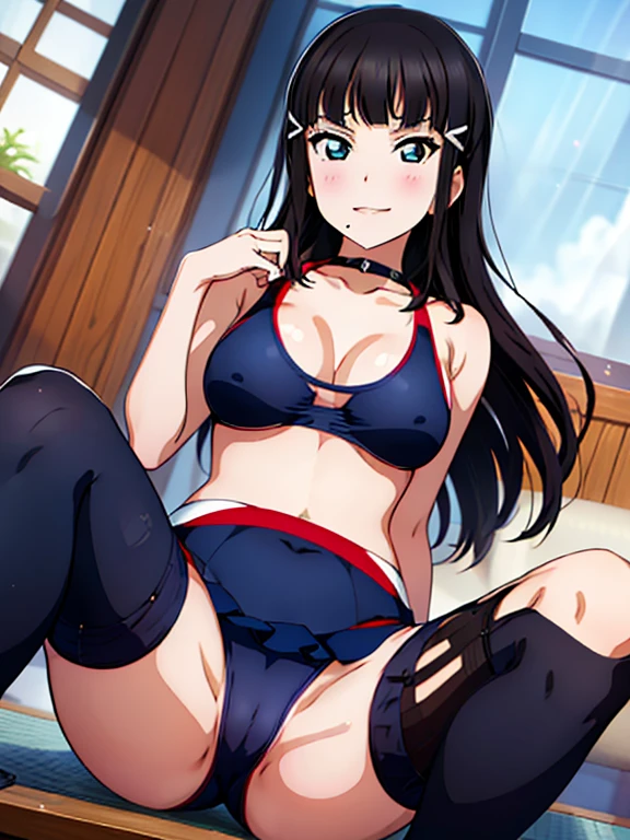 Japan Student Swimsuit, navy blue, One Piece Swimsuit, A dark-haired, huge tit, nudde, Black stockings, nsfw, femele