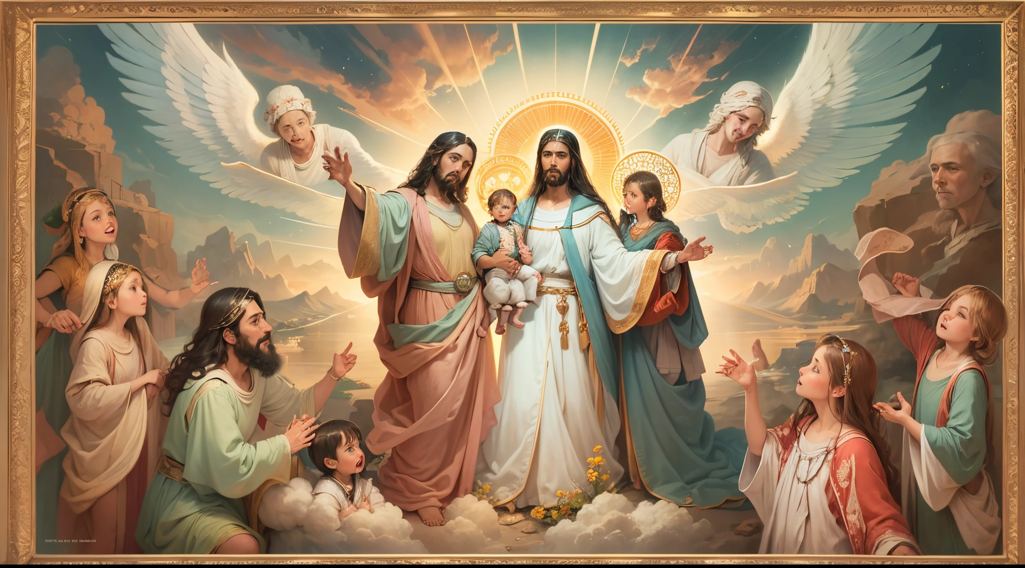 Create a pictorial image that depicts a couple with a child on earth, while Jesus and God are represented with open arms, blessing them from the sky among the clouds. Explore the fusion of everyday life and divinity, capturing the spiritual connection between the family on earth and the heavenly figures who bless them. Detalhe os sentimentos de amor, grace and transcendence present in this encounter between the earthly and the divine.