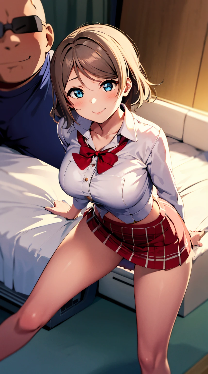 masutepiece, Best Quality, 1girl in, Akira Watanabe, Looking at Viewer, Bangs, Blue eyes, Hair Ornament, Large Full Breasted, (One guy、Man behind,Inserted from behind、doggystyle)+++++++ on the beds+++ a miniskirt (Very short skirt length,1 centimeter) Rolled up skirt A smile toppless+++
