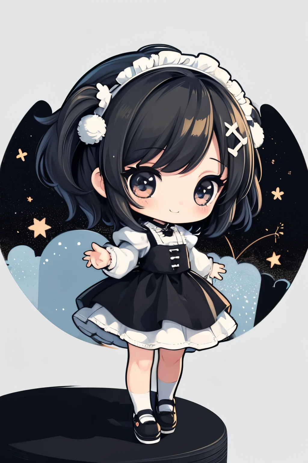 ((Monochrome Art、white and black))、 (Dynamic Pose), (The background is ruins:1.1）、Place one small doll on a circular stand、kawaii pose、A smile、A dark-haired、Chibi Doll、Stars in the eyes（kirakira）、Singing with microphone in hand、Eye Up、Laugh、Cute shoes、Ultra Detail, radiant light、bio luminescent、Stronger bokeh effect、Taken from the side、There is noise throughout