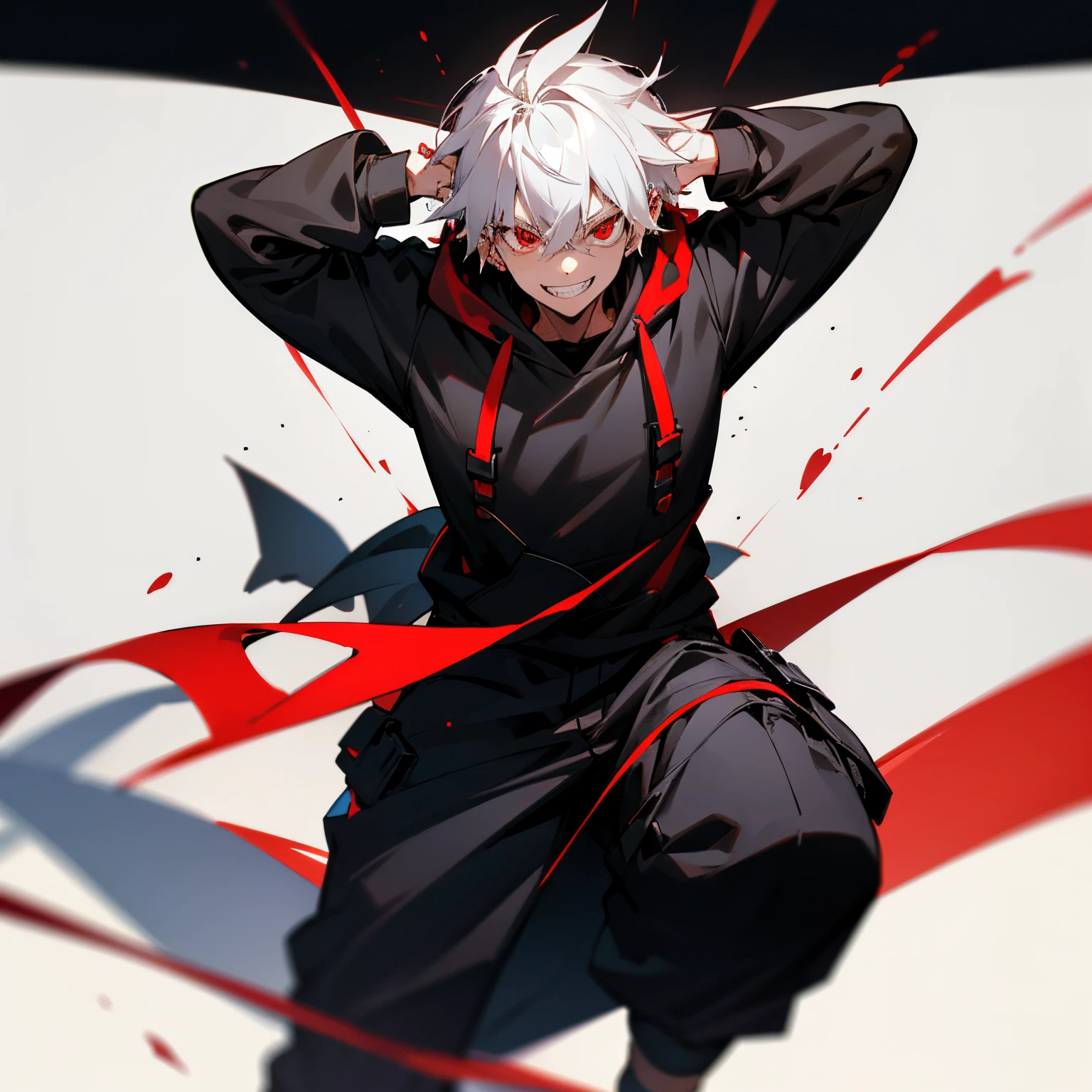 1boy, white hair, red eyes, wearing black hoodie, black cargo pants, devilish grin, depth of field, looking at viewer, masterpiece, highly detailed, ultrasharp, 8k