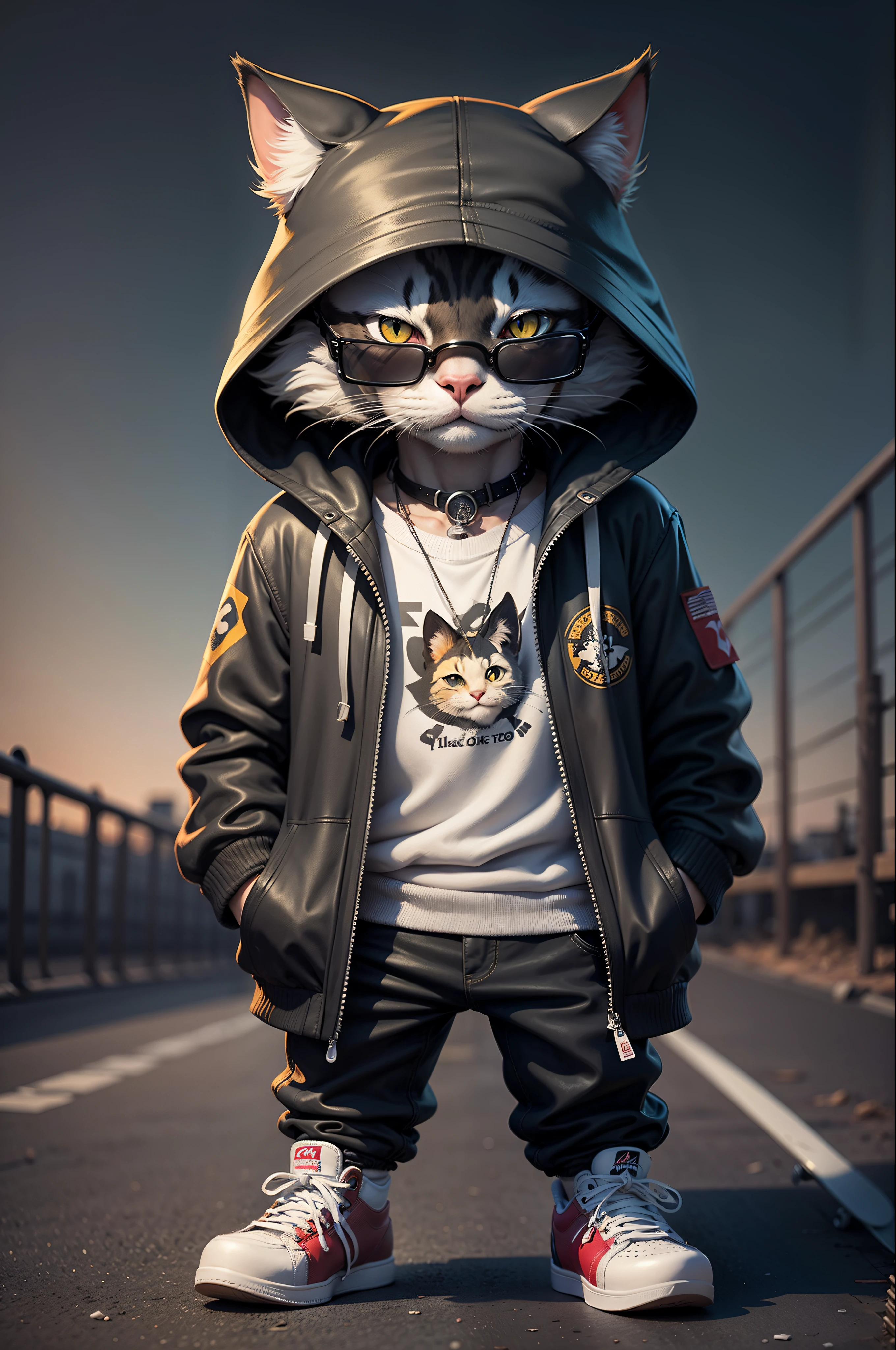 c4tt4stic, Gato preto dos desenhos animados na jaqueta e no skate, sun glasses,