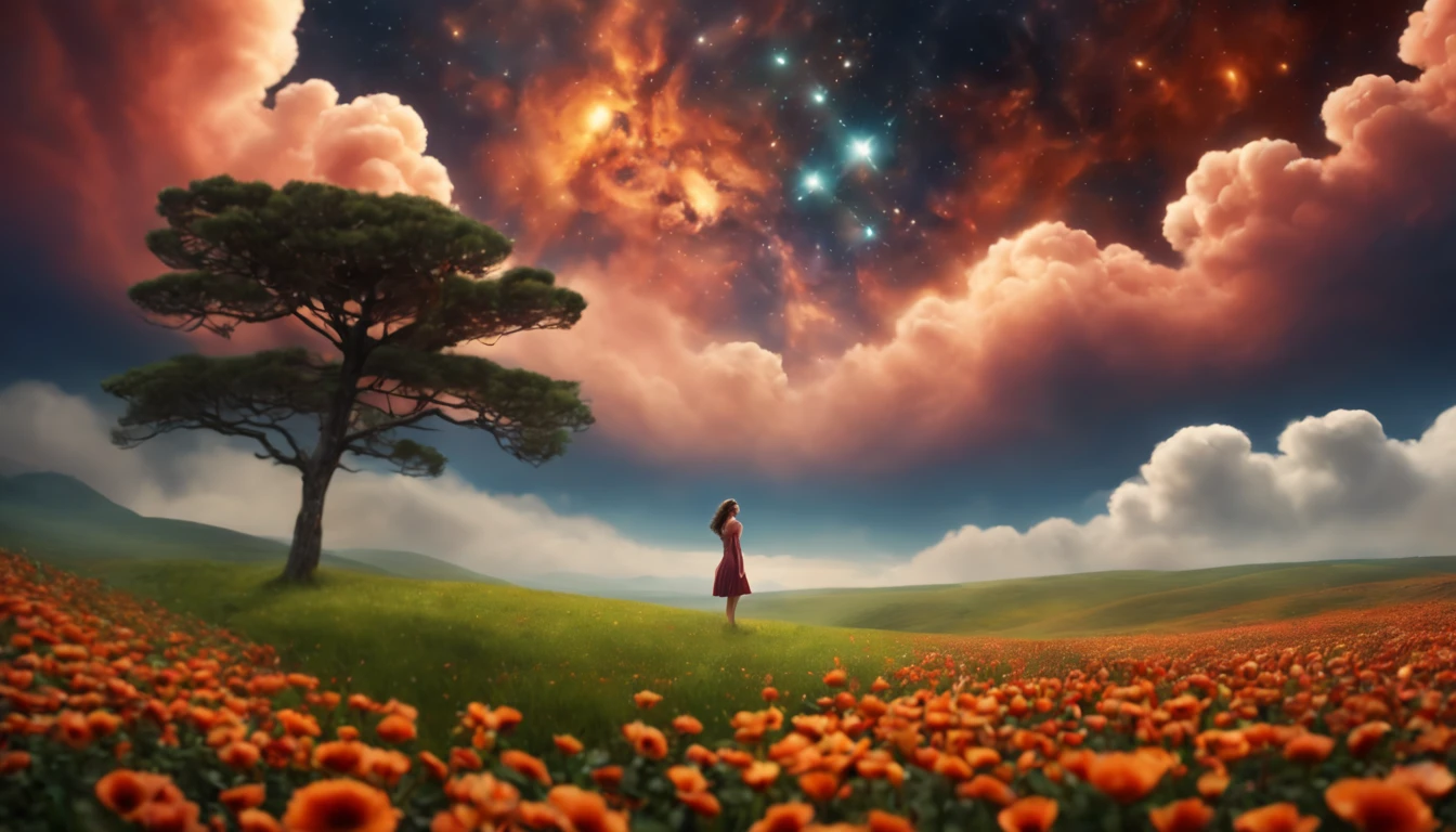 ((melhor qualidade)), ((master part)), Vasta foto de paisagem, (de baixo, The sky above and the open field below), a girl standing on a flower field looking up, (lua cheia: 1.2), (Meteoro: 0.9), (nebula: 1.3), Montanhas distantes, Trees BREAK Making Art, (Fonte de Luz Quente: 1.2), (Pirilampo: 1.2), lamps, Muito roxo e laranja, Detalhamento intrincado, Volumetric lighting, Realismo BREAK (master part: 1.2), (melhor qualidade), 4k, ultra-detalhado, (dynamic compositing: 1.4), Very detailed, Riqueza de detalhes, (Cores iridescentes: 1.2), (brilhar, Atmospheric Illumination), sonhador, magica, (sozinho: 1.2), profundidade de campo, Maximum Sharpness and Clarity, perfectly proportions,