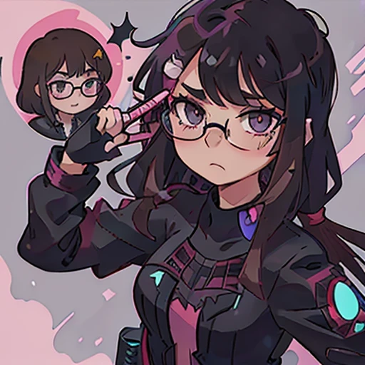 teen girl spider man suit black, spider icon pink, brunette long hair, bangs, greenish siren eyes, round face, spider hair clip, eyeliner, suit is goth, glasses, holding peace sign