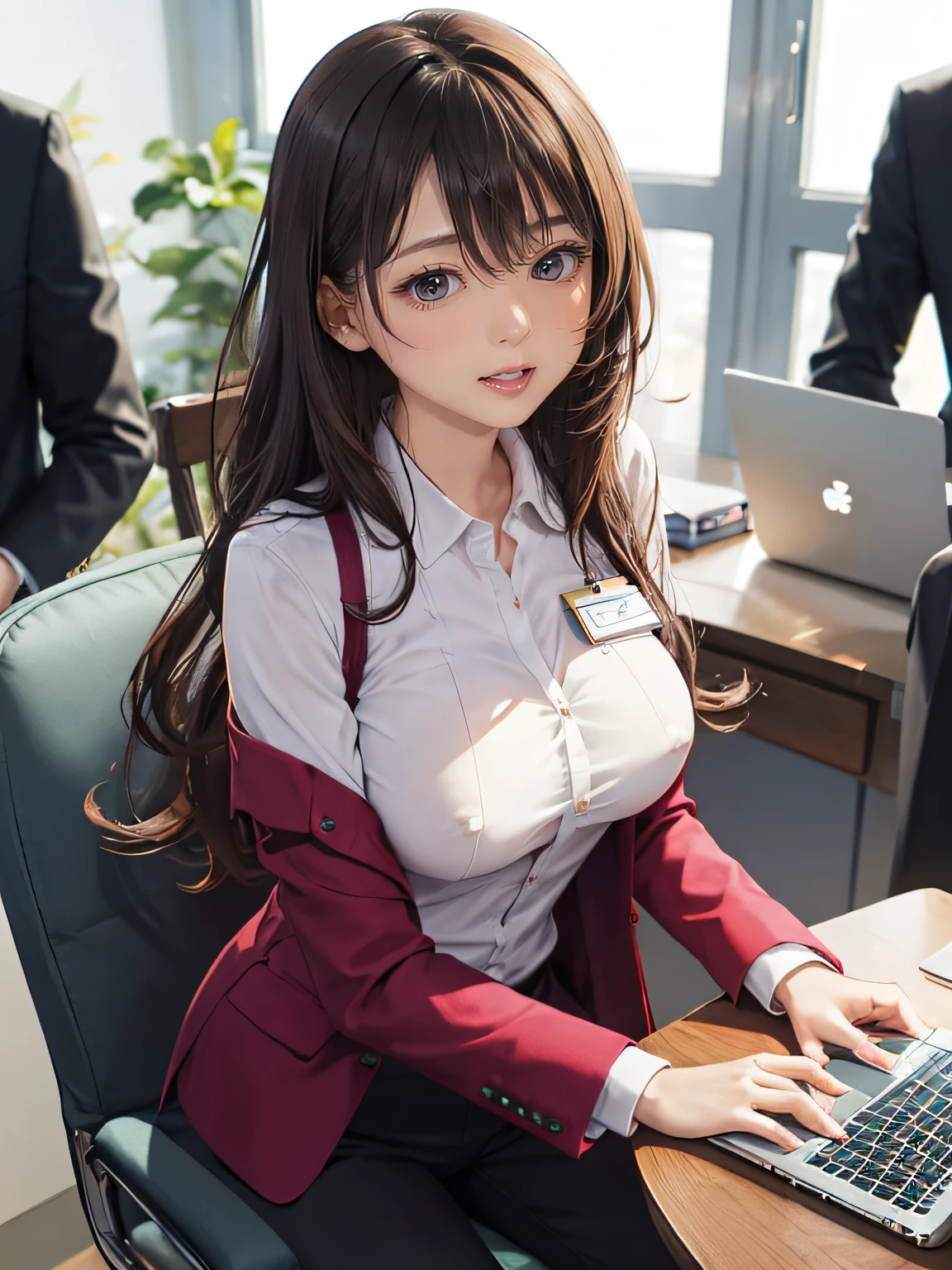 a woman works as a manager, she hits her front crotch against the corner of the desk for masturbation, ecstasy face, drooping eyes, sleepy, business suit, pants, jacket, id card, (show off swollen areolas and nipples outlines over her thin shirt), she has a laptop,