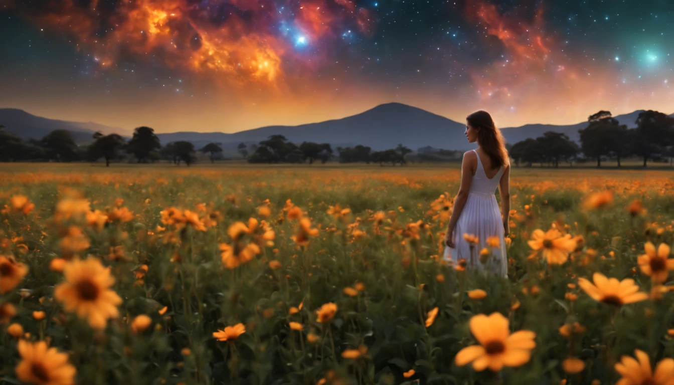 ((melhor qualidade)), ((master part)), Vasta foto de paisagem, (de baixo, The sky above and the open field below), a girl standing on a flower field looking up, (lua cheia: 1.2), (Meteoro: 0.9), (nebula: 1.3), Montanhas distantes, Trees BREAK Making Art, (Fonte de Luz Quente: 1.2), (Pirilampo: 1.2), lamps, Muito roxo e laranja, Detalhamento intrincado, Volumetric lighting, Realismo BREAK (master part: 1.2), (melhor qualidade), 4k, ultra-detalhado, (dynamic compositing: 1.4), Very detailed, Riqueza de detalhes, (Cores iridescentes: 1.2), (brilhar, Atmospheric Illumination), sonhador, magica, (sozinho: 1.2), profundidade de campo, Maximum Sharpness and Clarity, perfectly proportions,