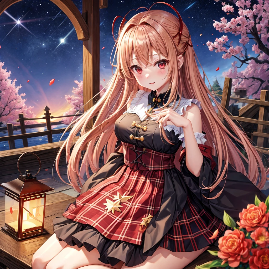 red blonde、red eyes、one good looking girl、独奏、animesque、lightly dressed、Plaid miniskirt、flower petals、wetting hair、sitting on、Black T-shirt、large tree、云、fullmoon、starrysky、Meteor swarm、Nonstar Castle railroad crossing、lantern、Gates of Hell、gatekeeper of craft、Circle of Angels