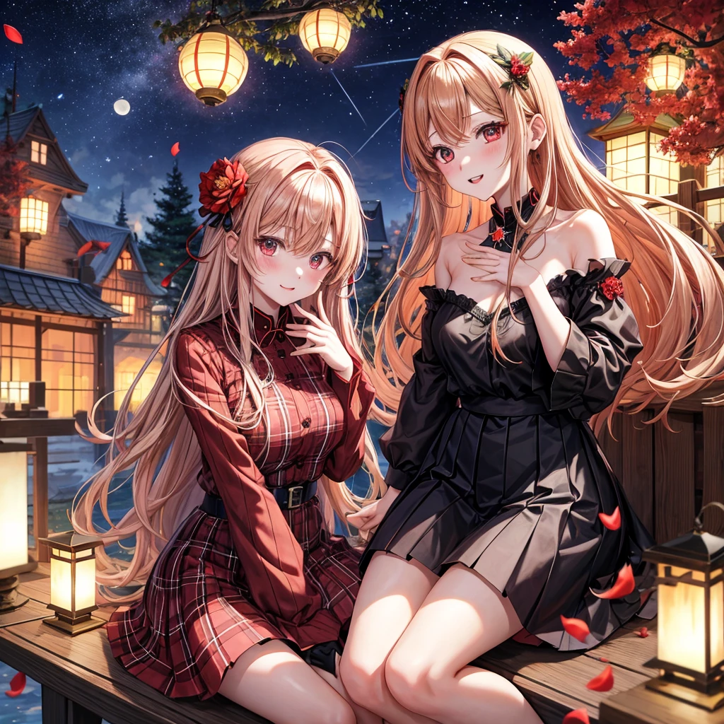 red blonde、red eyes、one good looking girl、独奏、animesque、lightly dressed、Plaid miniskirt、flower petals、wetting hair、sitting on、Black T-shirt、large tree、云、fullmoon、starrysky、Meteor swarm、Nonstar Castle railroad crossing、lantern、Gates of Hell、gatekeeper of craft、Circle of Angels