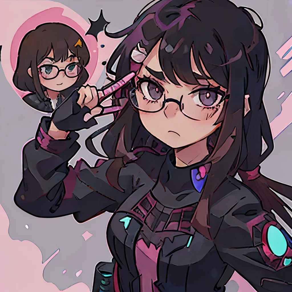 spider man suit black, spider icon pink, brunette long hair, bangs, greenish siren eyes, round face, spider hair clip, eyeliner, suit is goth, glasses, holding peace sign