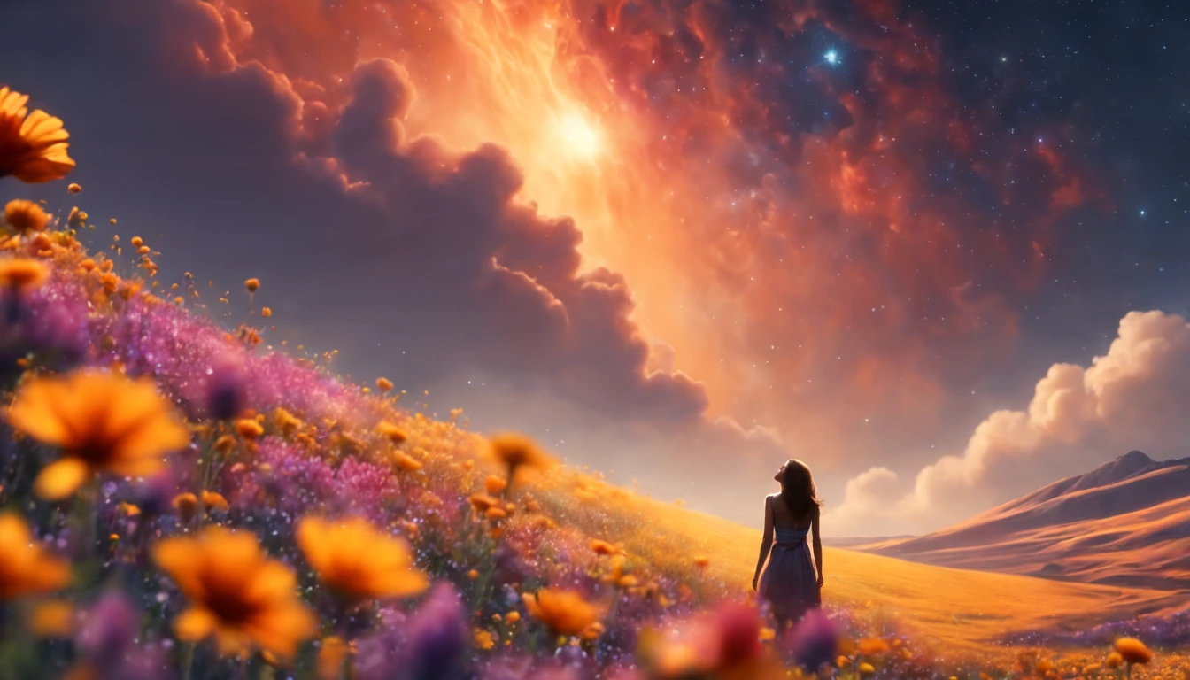 fotografia de paisagem expansiva, (View from below with a view of the sky and desert below), (((Girl standing in a field of flowers looking up))), (lua cheia: 1.2), (Estrela cadente: 0.9), (nebula: 1.3), montanha distante, tree BREAK production art, (Fonte de Luz Quente: 1.2), (Pirilamplighto: 1.2), lamplight, roxo e laranja, detalhes intrincados, Volume Lighting, Realismo BREAK (master part: 1.2) (melhor qualidade), 4k, ultra-detalhado, (Dynamic configuration: 1.4), detalhes altamente detalhados e coloridos, (Cores iridescentes: 1.2), (bright illumination, Atmospheric Illumination), sonhador, magica, (sozinho: 1.2)