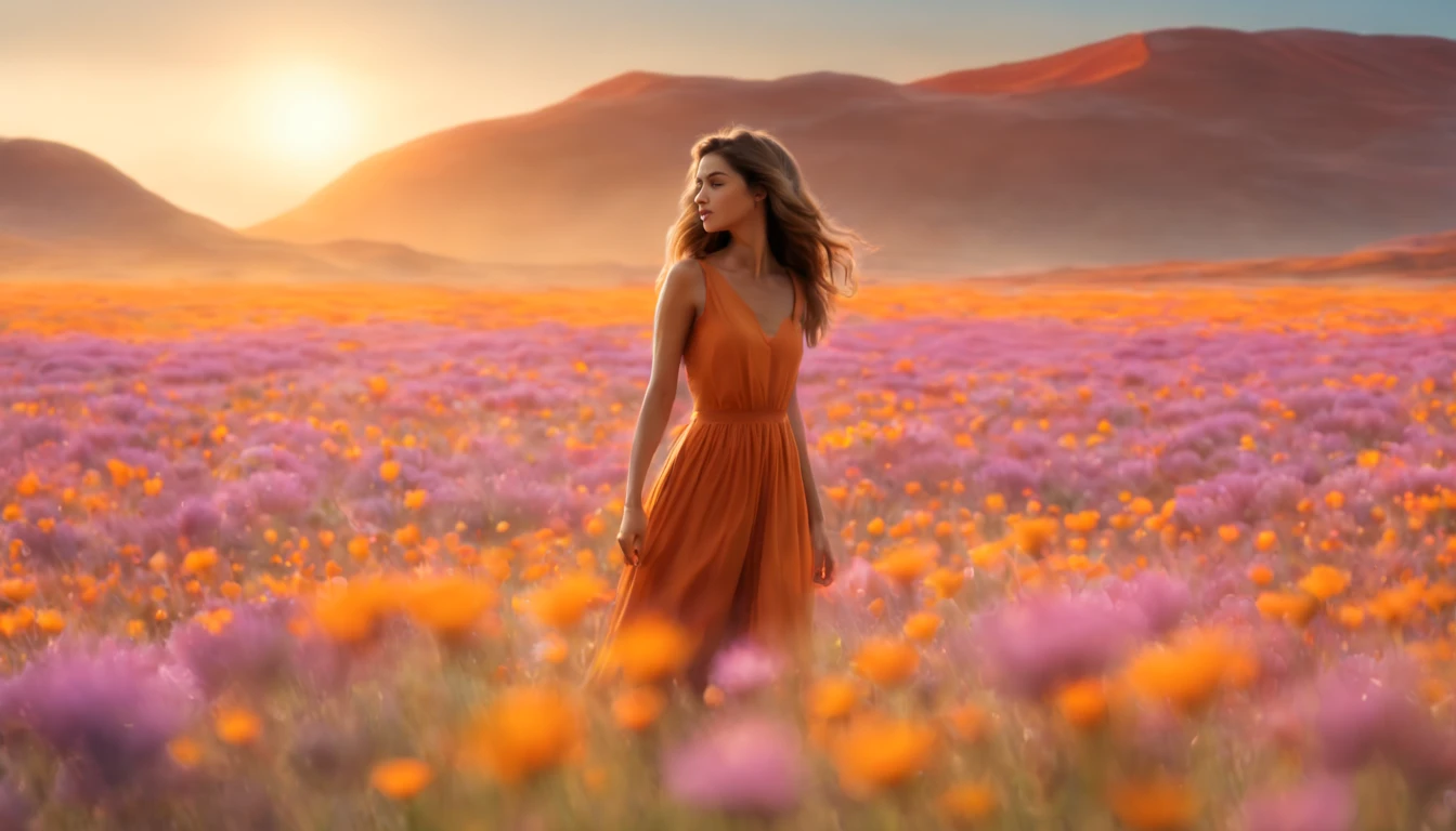 fotografia de paisagem expansiva, (View from below with a view of the sky and desert below), (((Girl standing in a field of flowers looking up))), (lua cheia: 1.2), (Estrela cadente: 0.9), (nebula: 1.3), montanha distante, tree BREAK production art, (Fonte de Luz Quente: 1.2), (Pirilamplighto: 1.2), lamplight, roxo e laranja, detalhes intrincados, Volume Lighting, Realismo BREAK (master part: 1.2) (melhor qualidade), 4k, ultra-detalhado, (Dynamic configuration: 1.4), detalhes altamente detalhados e coloridos, (Cores iridescentes: 1.2), (bright illumination, Atmospheric Illumination), sonhador, magica, (sozinho: 1.2)