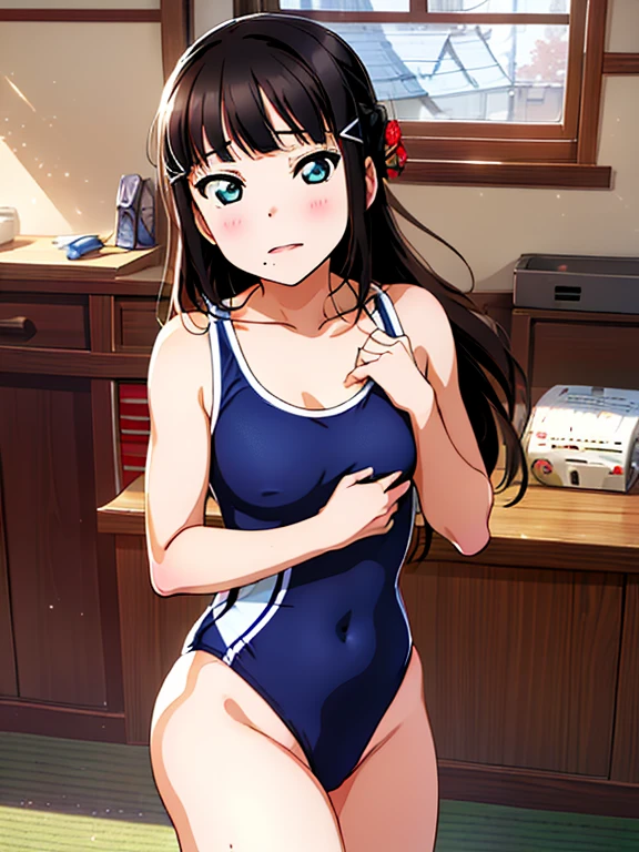 {best quality}, {ultra-detailed}, {best illustration}, middle breasts, woman wearing a traditional Japanese school swimsuit, dark blue swimsuit, embarrassed, worrying about her Medium breasts and buttocks, touch breasts or hip, pulls off her own swimsuit and checks her body, evening sun, Japanese room