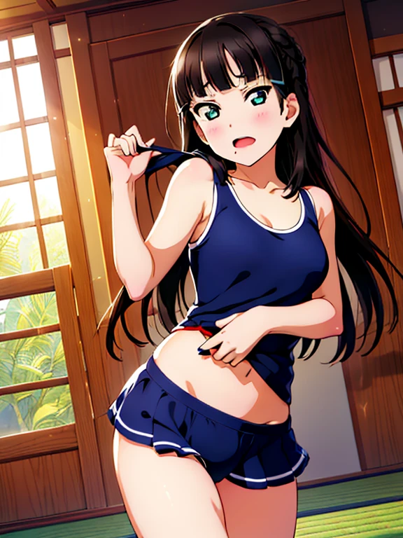 {best quality}, {ultra-detailed}, {best illustration}, middle breasts, woman wearing a traditional Japanese school swimsuit, dark blue swimsuit, embarrassed, worrying about her Medium breasts and buttocks, touch breasts or hip, pulls off her own swimsuit and checks her body, evening sun, Japanese room