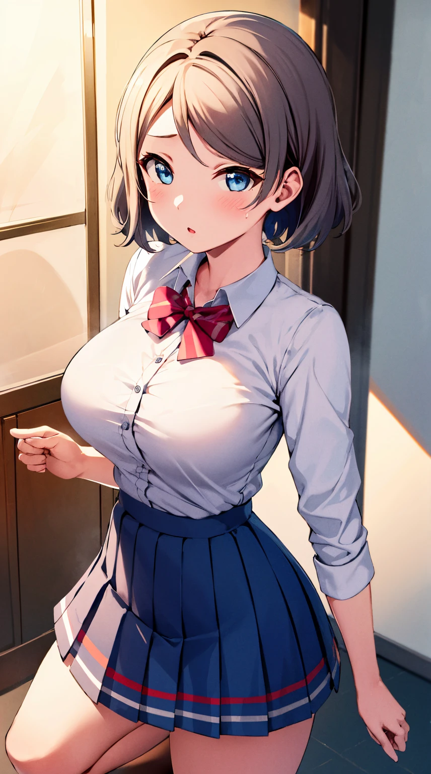 ,Best Quality, absurderes, Highest Quality, A masterpiece with attention to detail, Best Quality, 1girl in, Akira Watanabe, Looking at Viewer,  Bangs, Blue eyes, Skirt, Hair Ornament,  :F, 　large chest, Best Quality, 1girl in, Akira Watanabe,  tight skirts　Very short skirt length, 　　Wearing a suit++　　ty