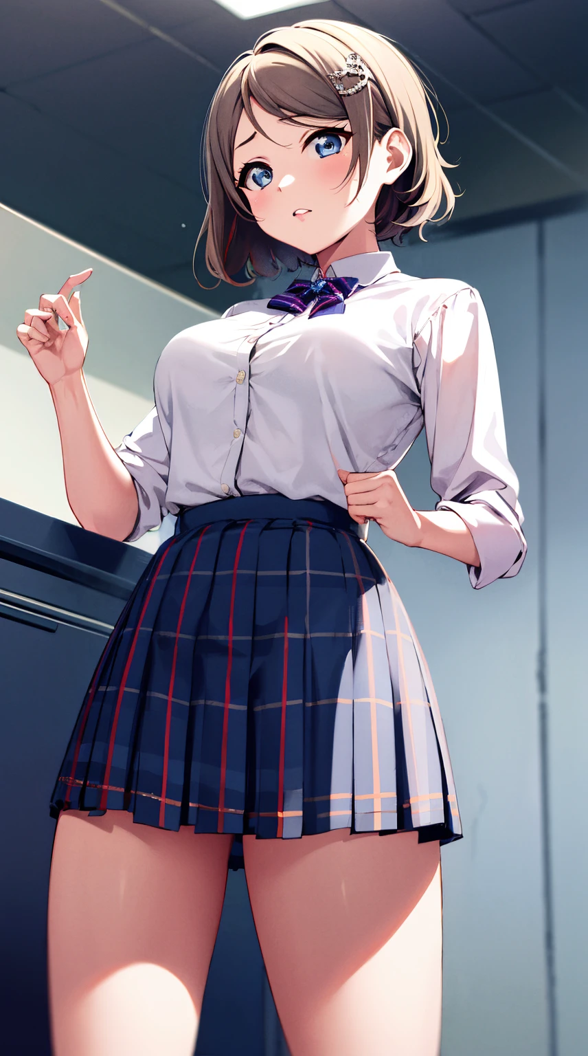 ,Best Quality, absurderes, Highest Quality, A masterpiece with attention to detail, Best Quality, 1girl in, Akira Watanabe, Looking at Viewer,  Bangs, Blue eyes, Skirt, Hair Ornament,  :F, 　large chest, Best Quality, 1girl in, Akira Watanabe,  tight skirts　Very short skirt length, 　　Wearing a suit++　　ty