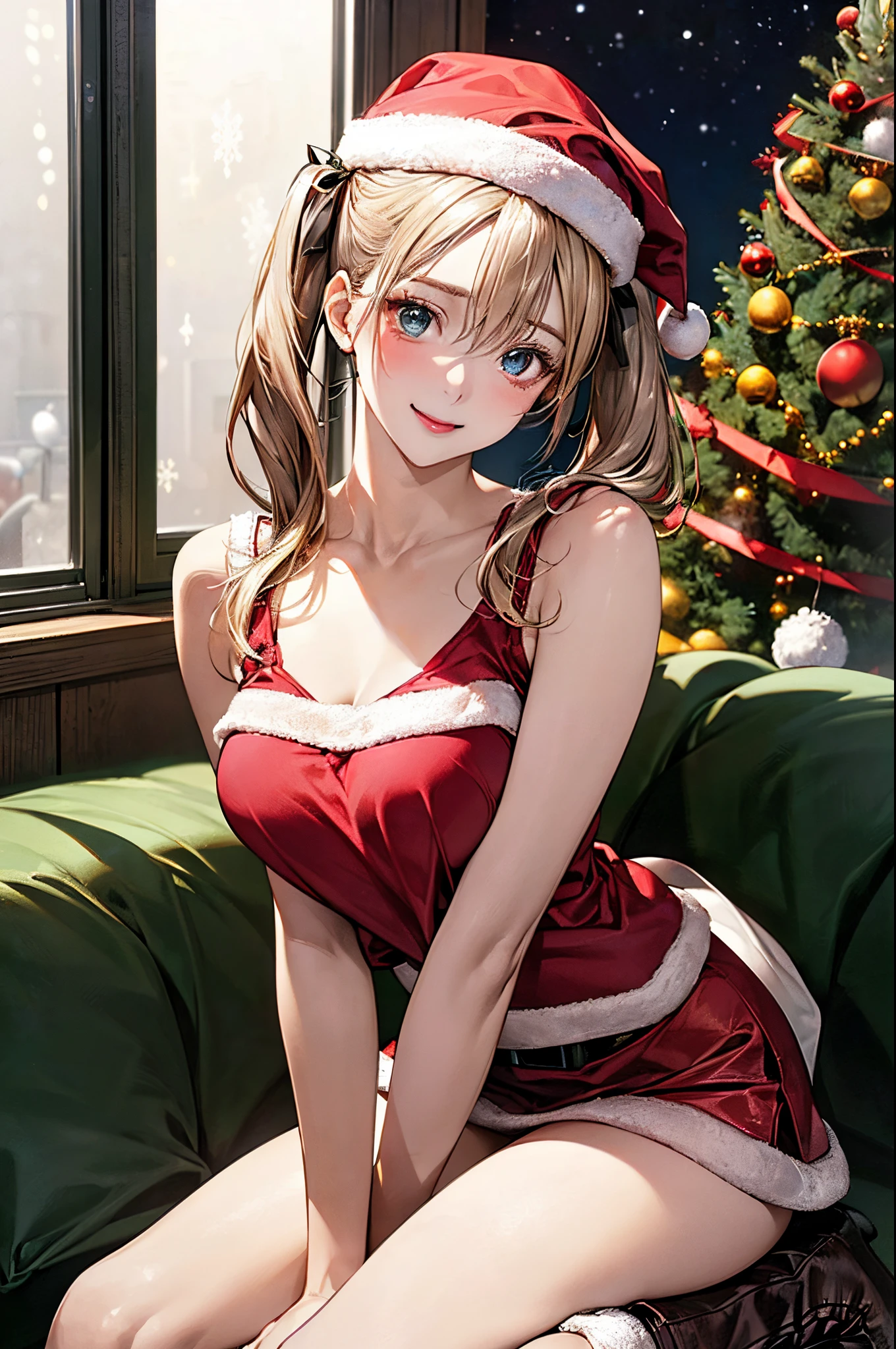 ((highest quality)), ((masterpiece)), (Detailed miniskirt Santa), perfect face、Wear only miniskirt dress、spread her legs、show white panties,sexy