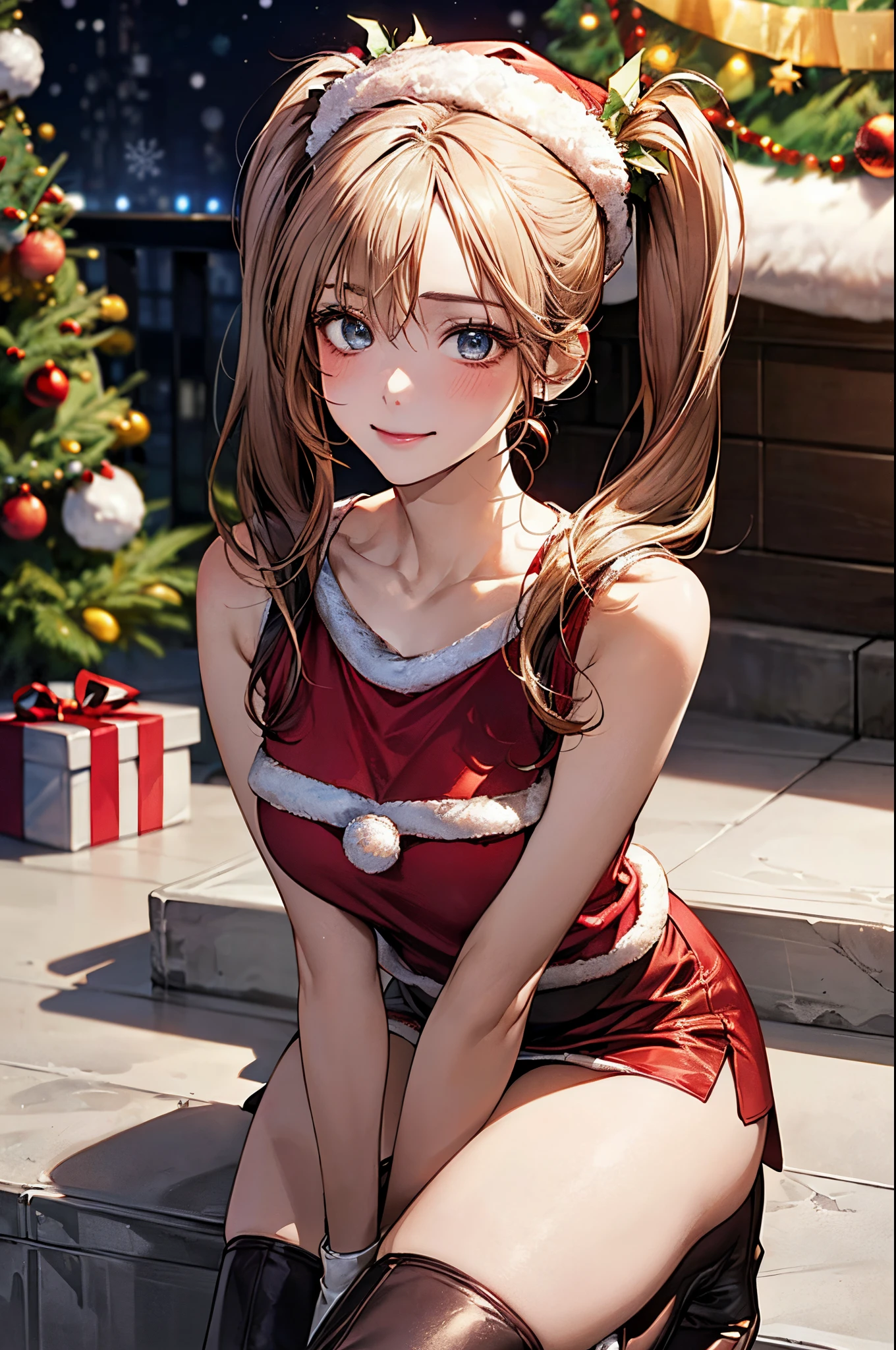 (masterpiece:1.2, top-quality), (realistic, photorealistic:1.4), beautiful illustration, NSFW, looking at viewer, cowboy shot, front view:0.8, 
1 girl, japanese, high school girl, beautiful hair, beautiful face, beautiful detailed eyes, blond hair, (middle hair:1.3, twintails:1.5), bangs, hair between eye, blue eyes, 
beautiful clavicle, beautiful body, beautiful chest, large breasts:0.8, beautiful thighs, beautiful legs, beautiful fingers, bare thighs, (thick thighs, large valleys), 
(beautiful scenery), christmas night, indoors, bedroom, (christmas tree:1.3), 
((metallic red santa costume, santa style short skirt, santa style tank top, santa style hat, santa style boots)), 
(swollen), ((seductive posture:1.2, attractiveness:1.2)), 
(erotic, sexy, upper eyes, laugh), shiny skin, sitting, leaning forward, 
perfect face, cute and symmetrical face, natural side lighting, movie lighting), depth of fields,