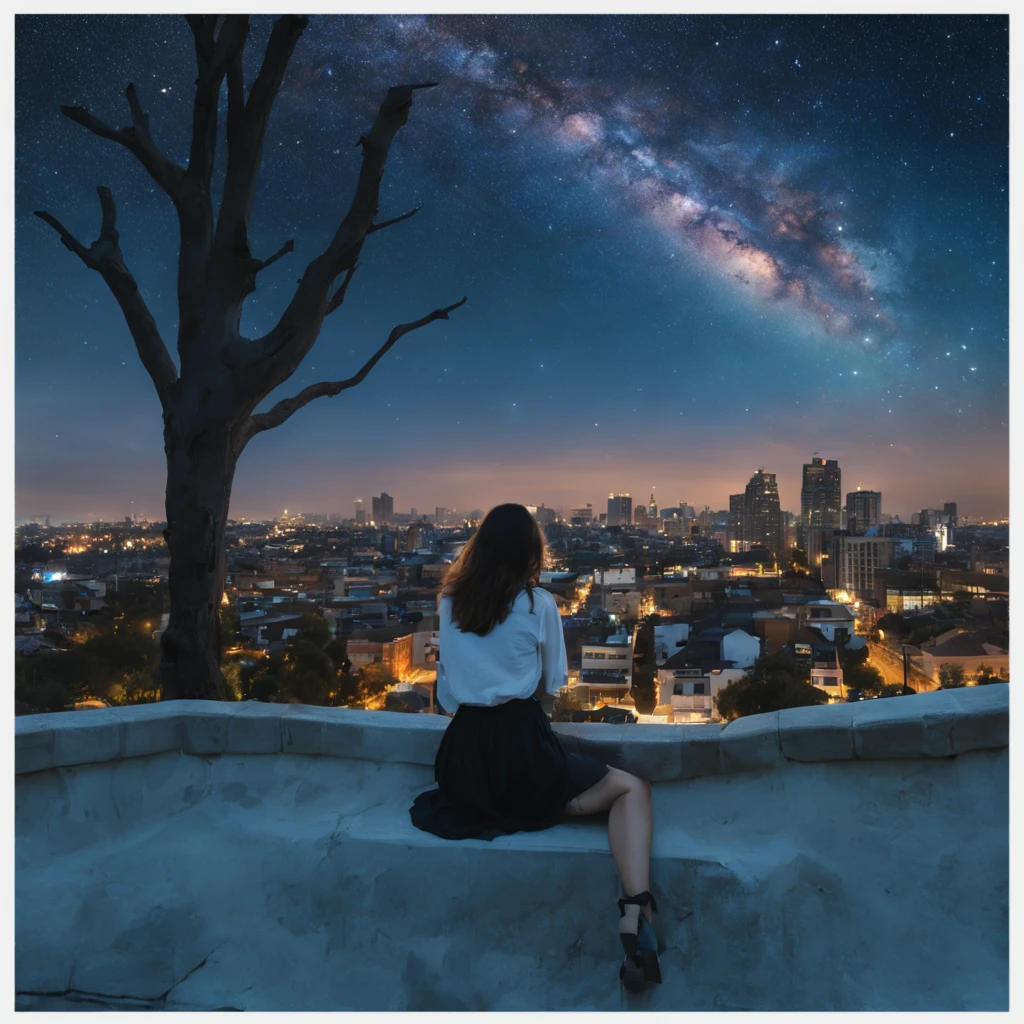 octans, sky, star (sky), scenery, starry sky, night, 1girl, night sky, solo, outdoors, building, cloud, milky way, sitting, tree, long hair, city, silhouette, cityscape