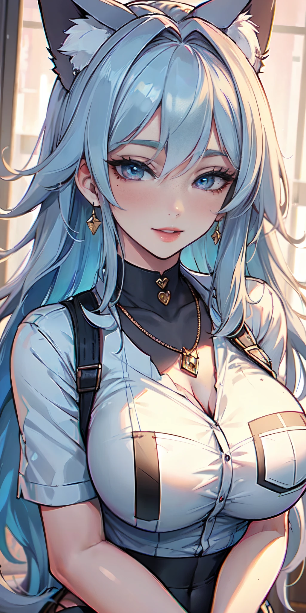 Masterpiece, beautiful art, 8k, art style by sciamano240, very detailed face, detailed hair, detailed clothes, detailed fabric, 1girl, beautiful face, long hair, light blue hair , model head shot, facing camera, very detailed blue cat eyes, sultry smile, close up view, zoom in, wearing cute a white office shirt, necklace, chocker, rosey cheeks, office setting,