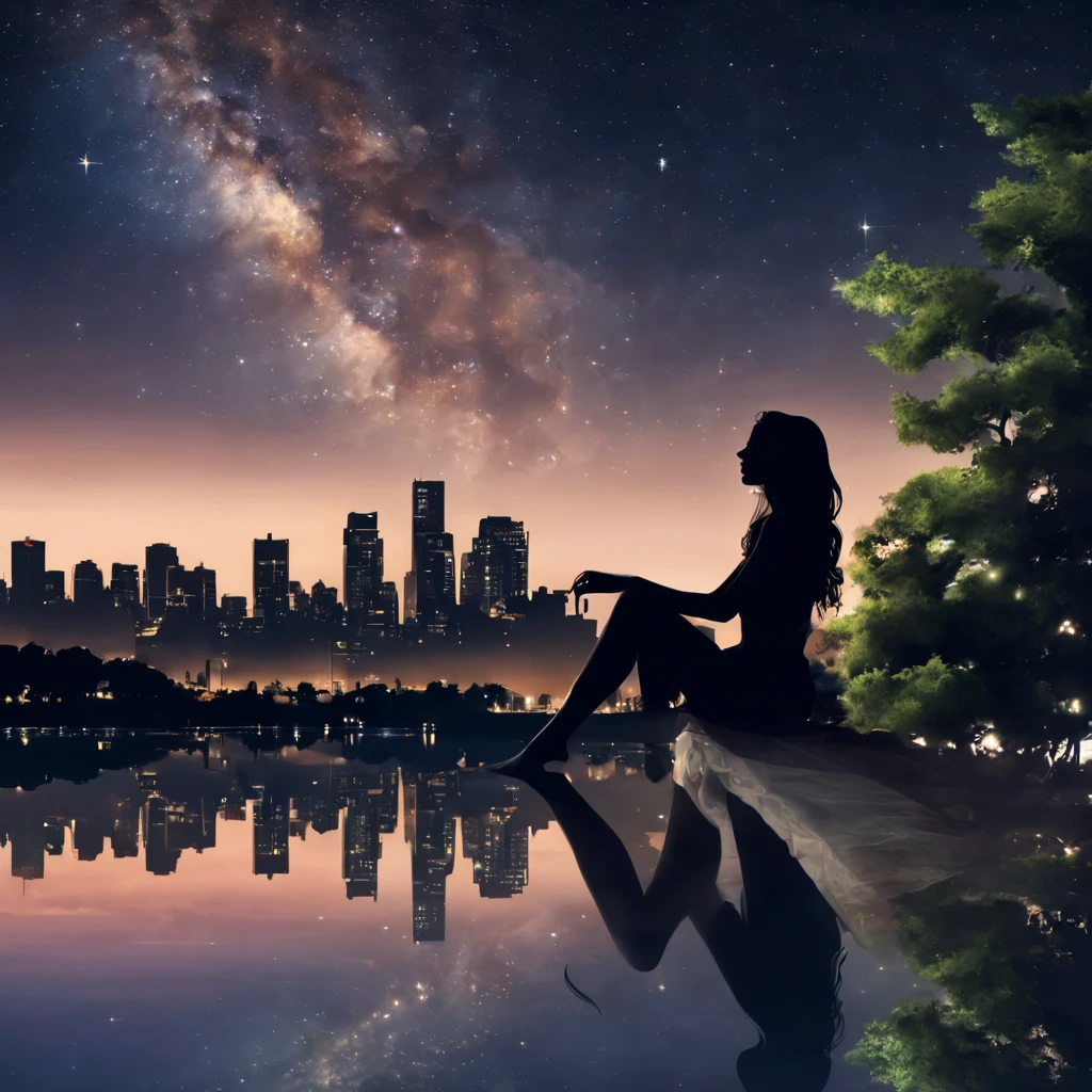 octans, sky, star (sky), scenery, starry sky, night, 1girl, night sky, solo, outdoors, building, cloud, milky way, sitting, tree, long hair, city, silhouette, cityscape