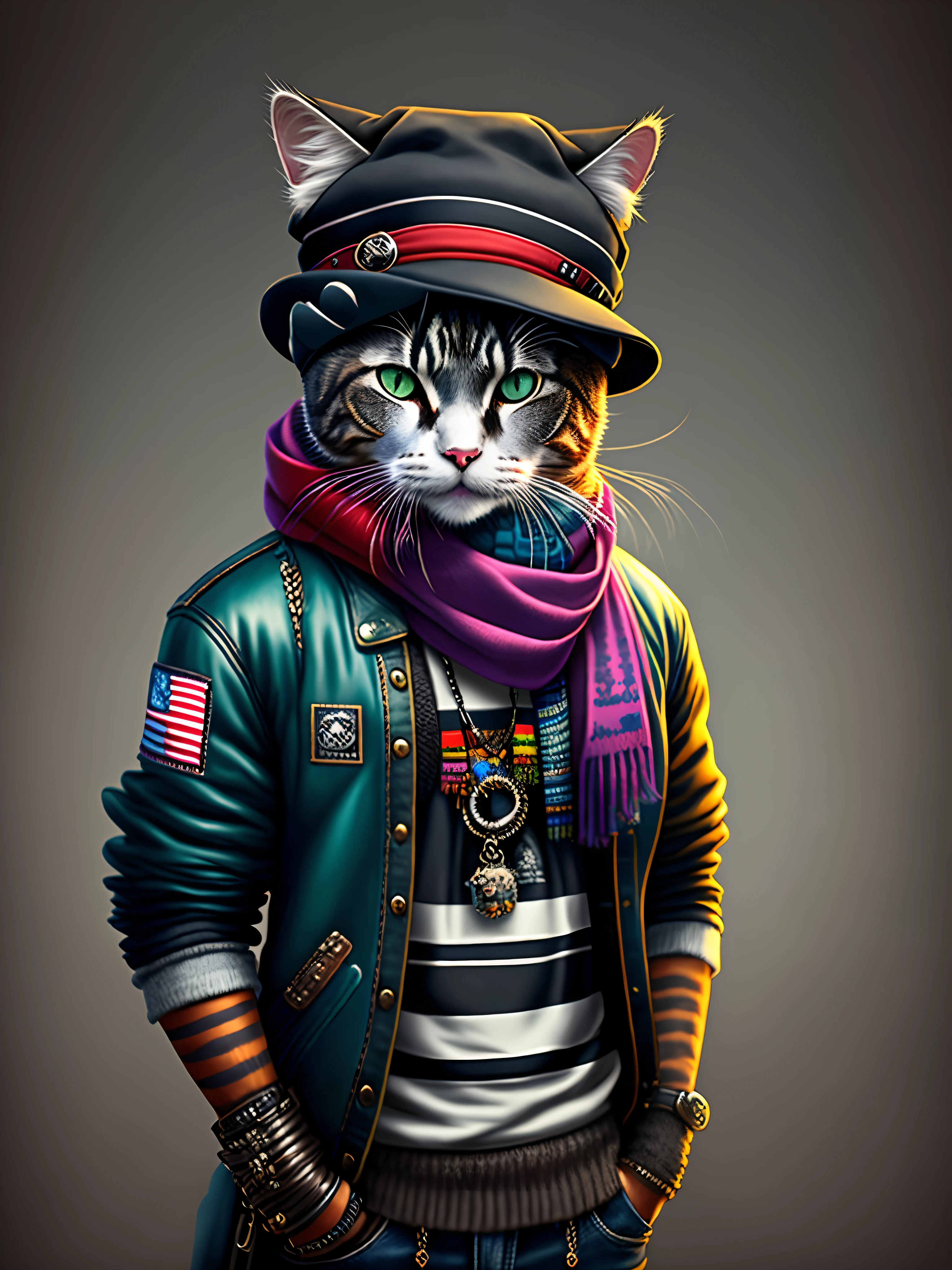 picture of a cat in a hat and scarf, art station trend, dressed in punk clothes, hyper realistic detailed rendering, british gang member, urban style, intimidating pose, planet of cats, fashion clothes, urban samurai, meow, west slavic traits, 8 1 5