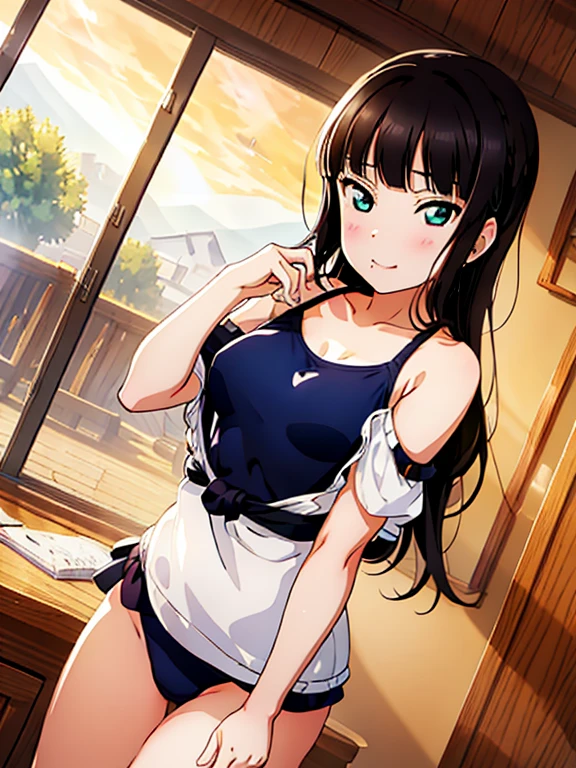 {best quality}, {ultra-detailed}, {best illustration}, nsfw, middle breasts, nipple, pull down the shoulder strap, piece of clothing removed, woman wearing a traditional Japanese school swimsuit, dark blue swimsuit, thigh highs, sox, embarrassed, worrying about her Medium breasts and buttocks, touch breasts or hip, pulls off her own swimsuit and checks her body, evening sun, Japanese room,