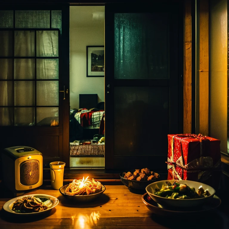 A room in a dark old apartment Christmas tree Kadomatsu Zaru soba noodles and roasted turkey on the table Kotatsu Kagami mochi It's dark outside the window early in the morning