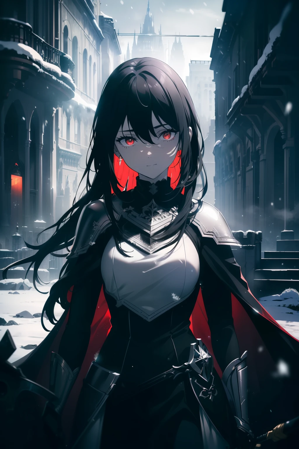 ((Obra maestra, La mejor calidad, ultrahigh resolution)), standing, (((a girl in a suit of Erdrich black armor, hands on sword handle, wielding sword, swinging sword, ready to fight))), ((((soldier, clad in black steel armor, black steel plate armor)))), (((wearing black roman helmet, closed black roman helmet))), (((fierce))), (((black hair, dark black hair))), long hair cut, pale skin, ((red eyes)), glowing_eyes, neon eyes, (ultra detailed eyes:0.7, beautiful and detailed face, detailed eyes:0.9), smile, ((wide shot)), facing viewer, eye level, ((vibrant background, snowy landscape, cityscape, snowing, snow)), flat chested, looking at viewer, ((half closed eyes)), ((perfect hands)), (((head:1, arms, hips, elbows, in view))), empty eyes, beautiful lighting, outside, outdoors, background, defined subject, 25 years old, (head tilt), ((((EPIC)))), (((COOL)))