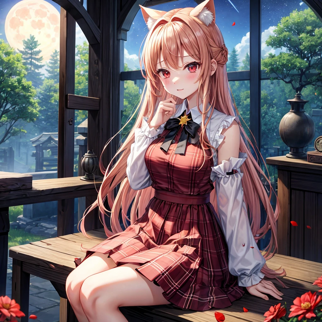 red blonde、red eyes、one good looking girl、独奏、animesque、lightly dressed、Plaid miniskirt、flower petals、wetting hair、sitting on、Black T-shirt、large tree、云、fullmoon、starrysky、Meteor swarm、Nonstar Castle railroad crossing、lantern、Gates of Hell、gatekeeper of craft、Circle of Angels、inside in room、Tea