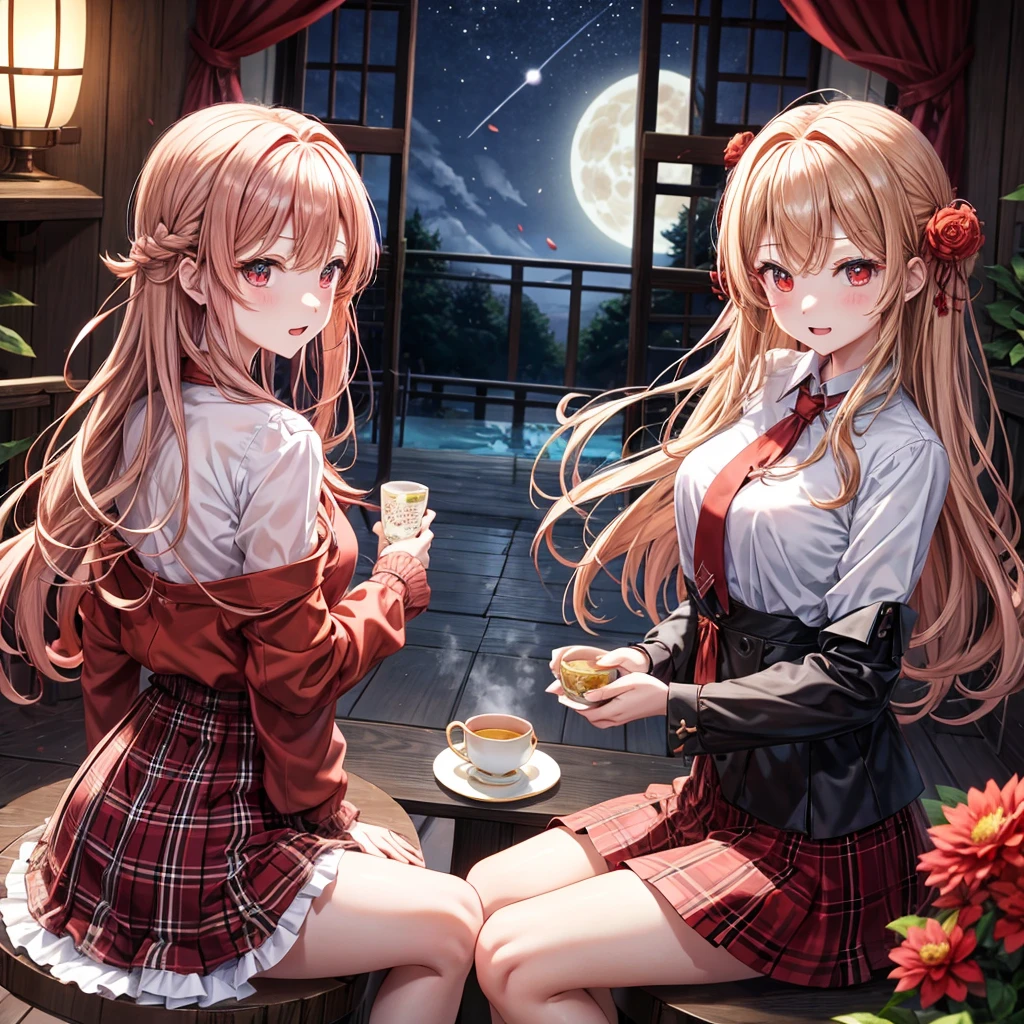 red blonde、red eyes、one good looking girl、独奏、animesque、lightly dressed、Plaid miniskirt、flower petals、wetting hair、sitting on、Black T-shirt、large tree、云、fullmoon、starrysky、Meteor swarm、Nonstar Castle railroad crossing、lantern、Gates of Hell、gatekeeper of craft、Circle of Angels、inside in room、Tea