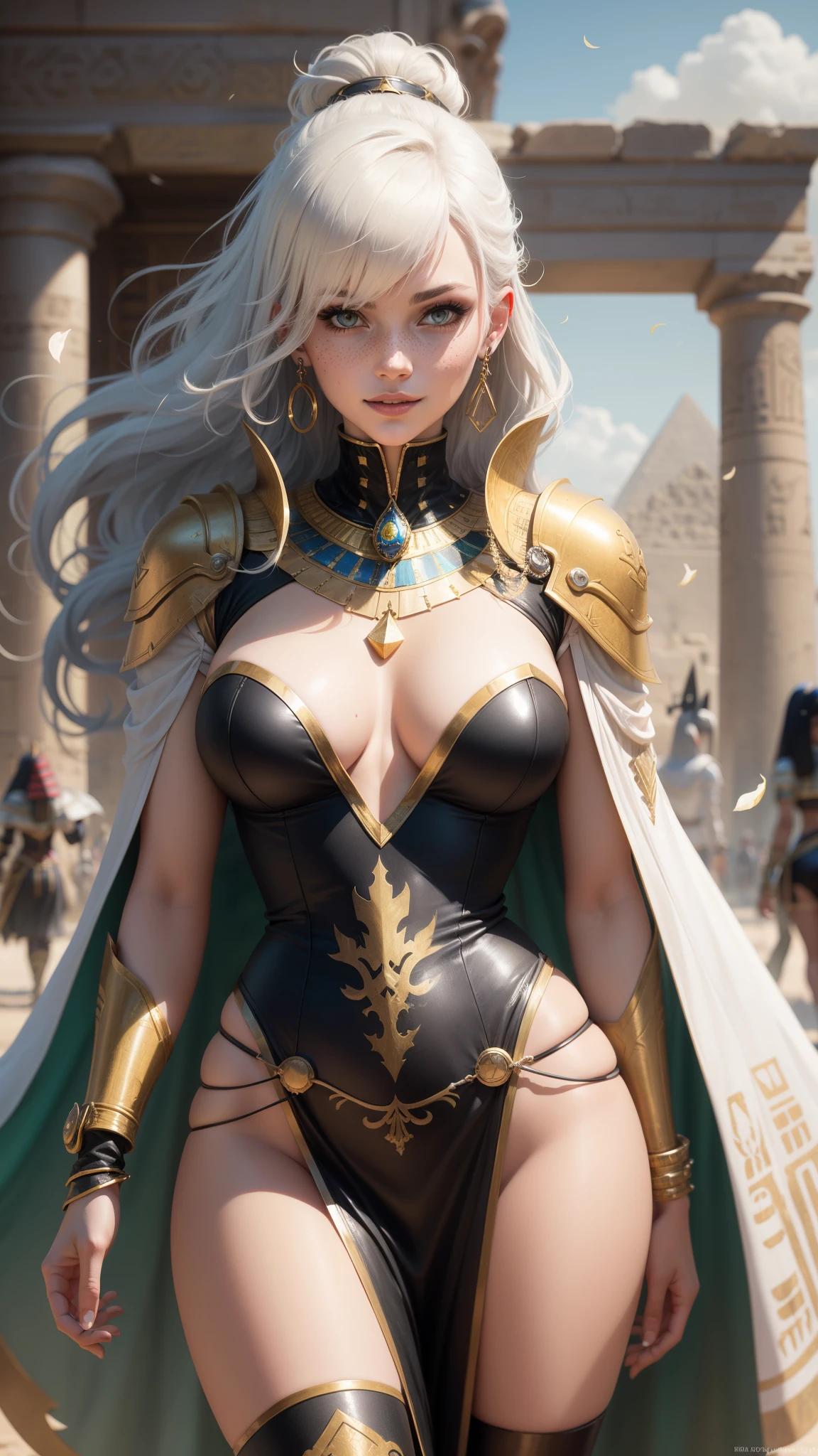 gwen tennyson,yorha 2b,tracer,y'shtola rhul,solo girl,overwatch,atelier ryza,close up,meadow view,tattoos,royal red and white plugsuit,white short sleeve egyptian top,full plate egyptian armor top,long egyptian skirt,golden egyptian corset,long curly hair,pharaoh makeup,green eyes,multicolored silver hair,long dress train,sexy smile, freckles,beautiful girl,egyptian thigh high boots,large breasts,8k,ultra detailed,realistic,fantasy art,egyptian pharaoh uniform,egyptian goddess dress,ear piercings,egyptian hand and neck jewelry,(weather:windy),long white egyptian cape,ancient egypt,egyptian hair pin,flower petals flying,egyptian pyramid,sun goddess scepter,