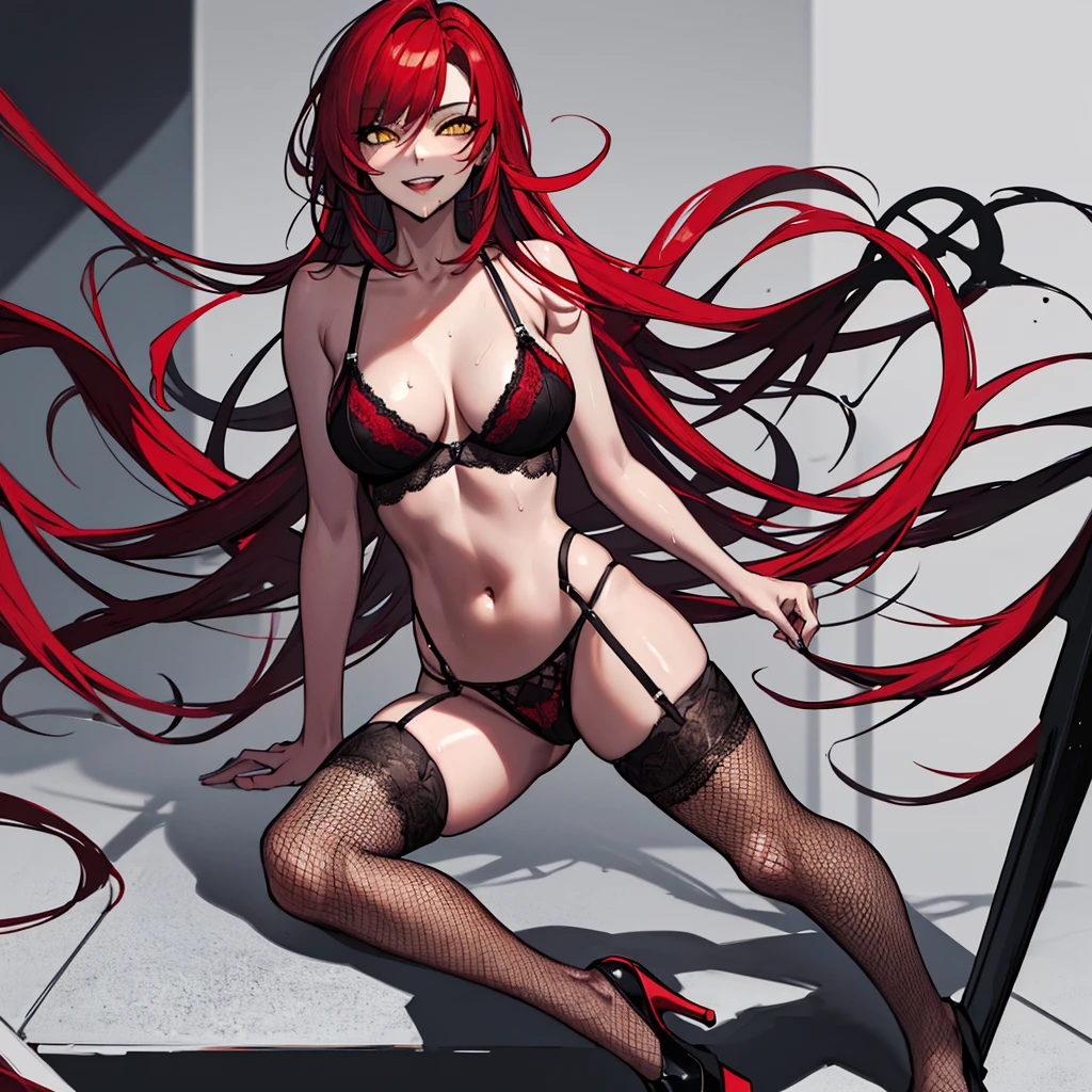(absurdres, 8k, 4k, masterpiece, hyper extreme detailed:1.2), solo, 1girl,, perfect face, 1girl, (straight cut bangs), (very long hair), evil, ((?????????????)), dark ambient, no light, ((good ???????)), back to the wall, ???? pose, red lingerie, fishnet stockings, wet skin, sensual, ????, provocative, expressive eyes, solo, perfect ???????, evil eyes, female, medium ?????, wheels, ((long red hair)), windy, evil smile, ???? smile, yellow eyes, female, (full body)