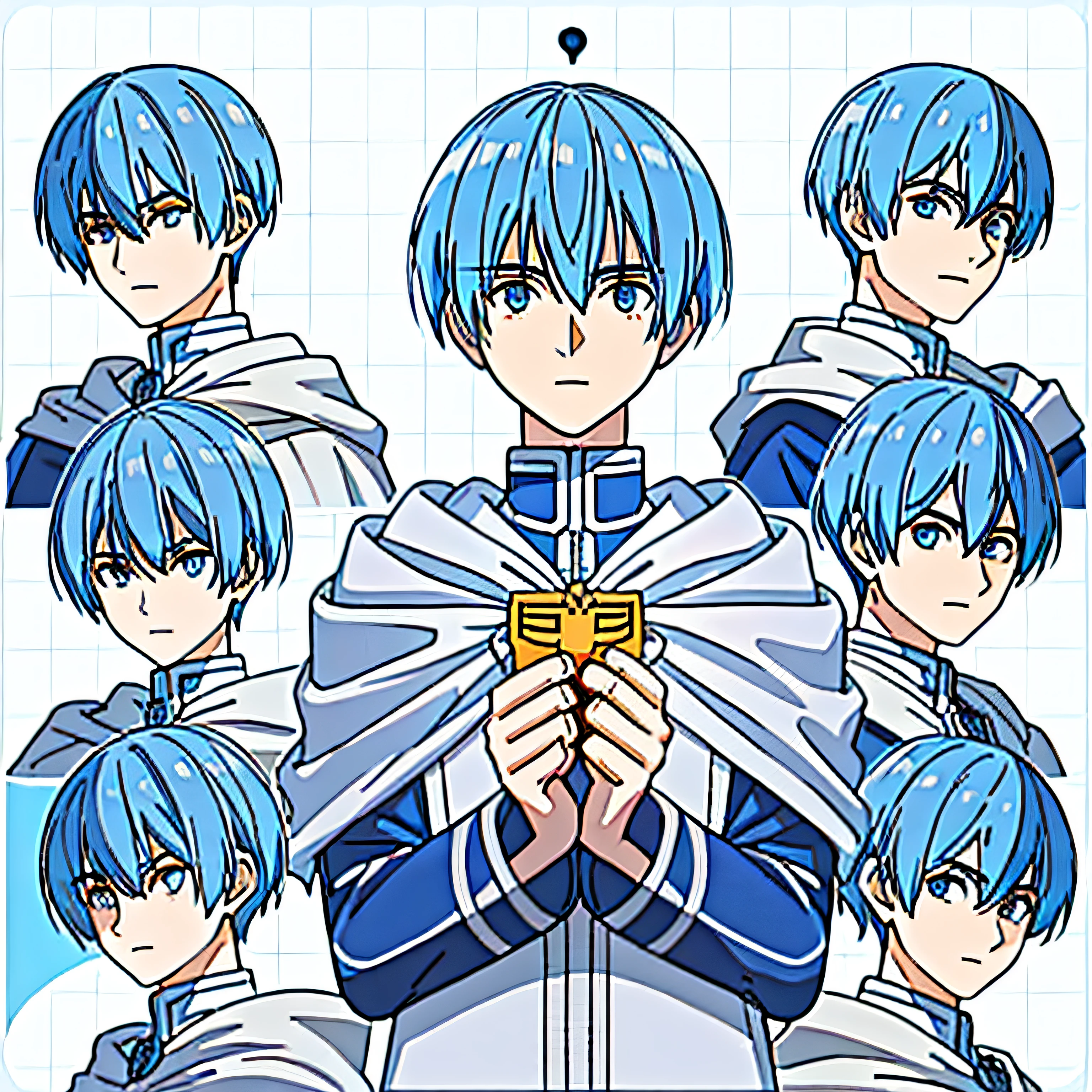 1man, ((Himmel)), ((showing neck and above)), bowl cut hair, (blue eyes:1.3), blue hair, white cape, blue jacket, ((9 grid)), ((9 emoji packs)), 9 poses and expressions, different emotions, masterpiece, best quality, highly detailed, 8K