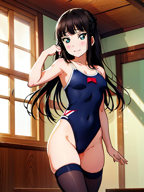 {best quality}, {ultra-detailed}, {best illustration}, nsfw, middle breasts, nipple, pull down the shoulder strap, piece of clothing removed, woman wearing a traditional Japanese school swimsuit, dark blue swimsuit, thigh highs, sox, embarrassed, worrying about her Medium breasts and buttocks, touch breasts or hip, pulls off her own swimsuit and checks her body, evening sun, Japanese room, nude