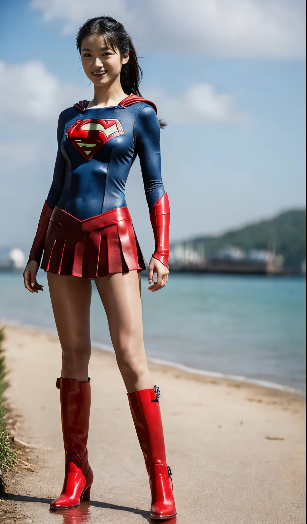 (((Wear black tights on your beautiful legs.)))、(((Grow legs、tall、Legally express the beauty of your smile)))、((((Make the most of the original image)))、(((Supergirl Costume)))、(((beautiful hairl)))、(((Suffering)))、(((Feet must necessarily be worn with black tights)))、(((You need to wear red boots)))、((Top image quality、8K))、((top-quality、8K、masterpiece:1.3))、(((Keep Background )))、Crisp focus:1.2、Beautiful woman with perfect body shape:1.4、Slender Abs:1.2、a wet body:1.5、Highly detailed facial and skin texture、8K