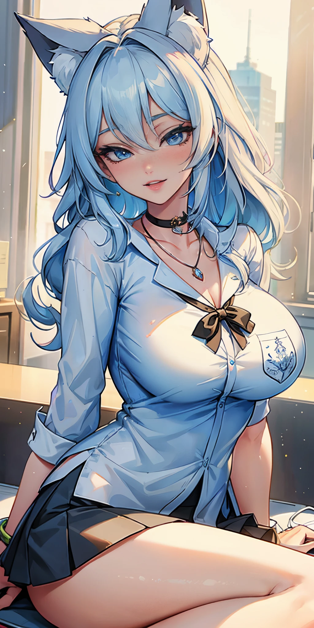 Masterpiece, beautiful art, 8k, art style by sciamano240, very detailed face, detailed hair, detailed clothes, detailed fabric, 1girl, beautiful face, long hair, light blue hair , model head shot, facing camera, very detailed blue cat eyes, happy smile, close up view, zoom in, wearing cute a white office shirt, necklace, chocker, rosey cheeks, school setting,