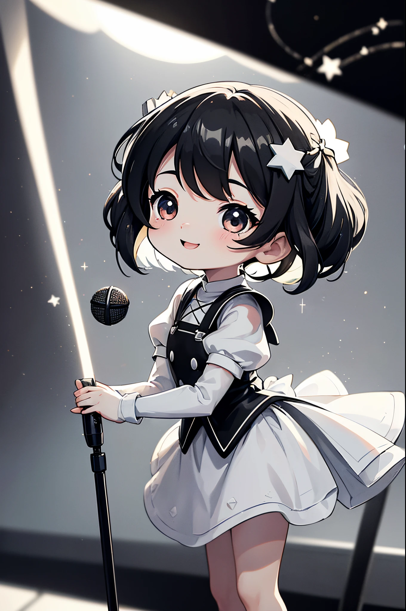 ((Monochrome Art、white and black))、 (Dynamic Pose), (The background is ruins:1.1）、Place one small doll on a circular stand、kawaii pose、A smile、A dark-haired、Chibi Doll、Stars in the eyes（kirakira）、Singing with microphone in hand、Eye Up、Laugh、Cute shoes、Ultra Detail, radiant light、bio luminescent、Stronger bokeh effect、Taken from the side、There is noise throughout