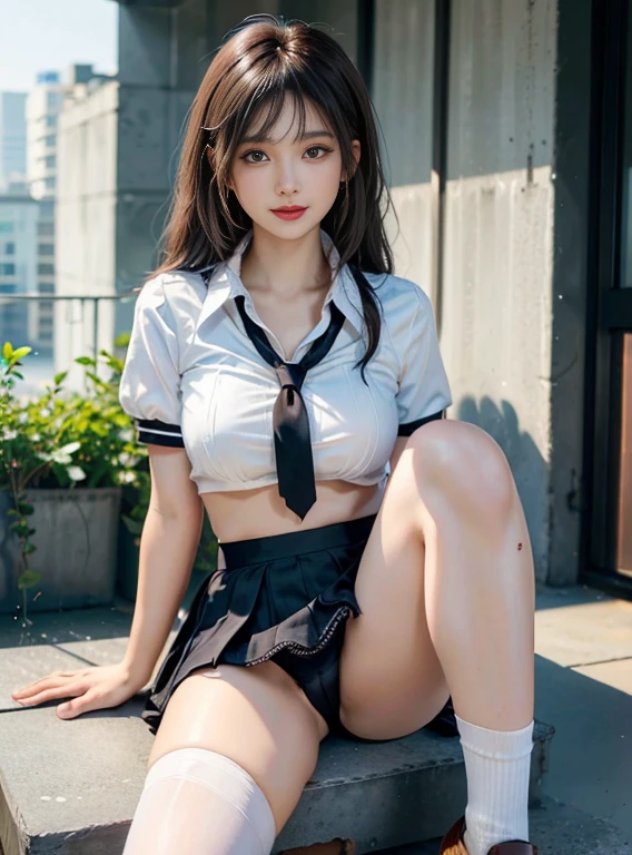 (8K, top quality, masterpiece: 1.2), (realistic, photorealistic: 1.2), sitting, (panty shot)))), (spreads your legs)))), solo, beautiful definition sky, night, wet, watching the viewer, (sit: 1.5), dating, future, (nose brush), smile, big breasts, fine beautiful eyes,), (dark blonde: 1), (short hair :1.1), Panty shot, Spread legs, Skirt, School uniform, White panties, Socks, Black hair, Shirt, Blurred, Blurred background, Knee-high, White shirt, Loafers, Realistic, Long hair, Lips, Brown eyes, Black socks, Tie, Pleated skirt, Bow, Headrest, Sideways, Outdoors, Brown footwear, Masterpiece, Best quality, Ultra detailed, ((((Panty Shot))), (((Spread your legs))),