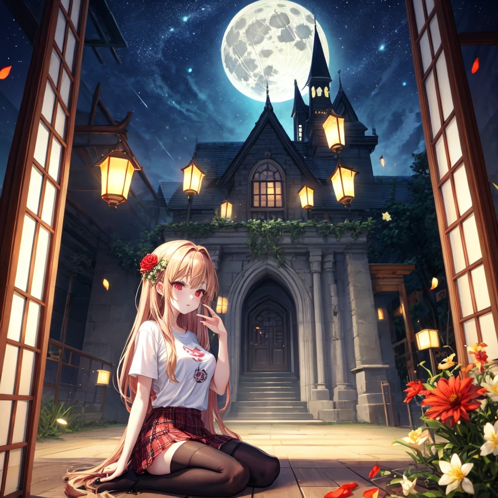 red blonde、red eyes、one good looking girl、独奏、animesque、lightly dressed、Plaid miniskirt、flower petals、sitting on、Black T-shirt、large tree、云、fullmoon、starrysky、Meteor swarm、Nonstar Castle railroad crossing、lantern、Gates of Hell、gatekeeper of craft、Circle of Angels、inside in room、Tea