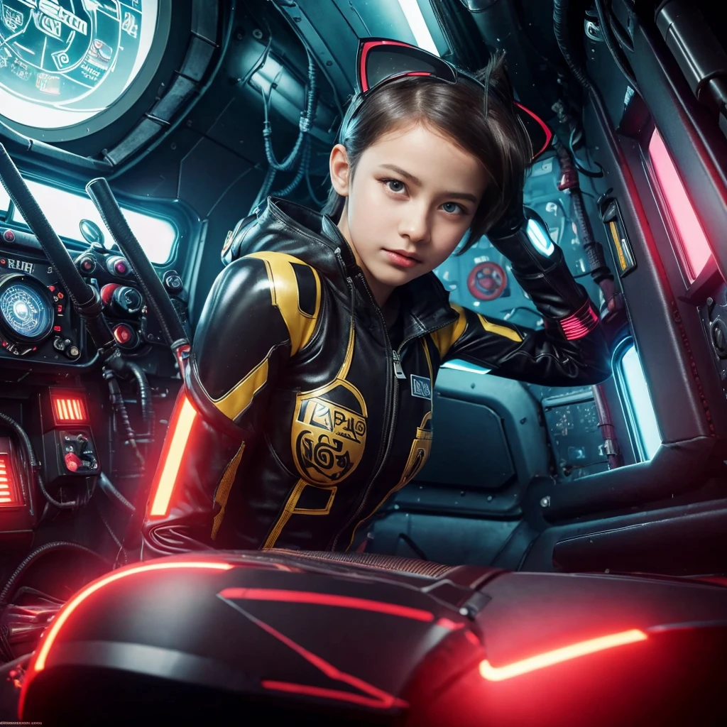 13 year old Cailee Spaeny inside a cyberpunk submarine, wearing Cat ears, ((vault Girl suits)), kneeling on a mattress on the floor of the submarine looking up at the viewer/camera, periscope and submarine hatches etc in the background, cyberpunk theme, wearing black gloves, twin tail hair style,. Beautiful, pretty. Dramatic, insane level of details, intricate pattern, well drawn, masterpiece, hyper realistic, ultra detailed, high quality, best quality, 4k, 8k, hi resolution,