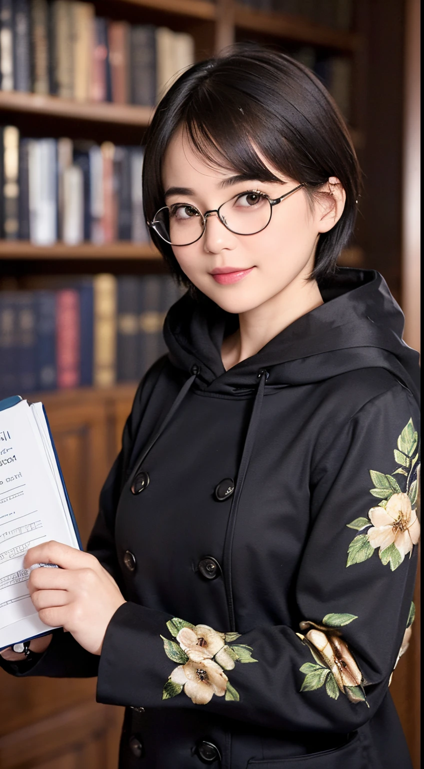 136
(a 20 yo woman,i'i'i'i'i'i'I'm in a dark library), (A hyper-realistic), (high-level image quality), ((beautiful hairstyle 46)), ((short-hair:1.46)), (Gentle smile), (breasted:1.46), (lipsticks), (wears glasses,wide,atlibrary), (florals), (wearing hoodies)