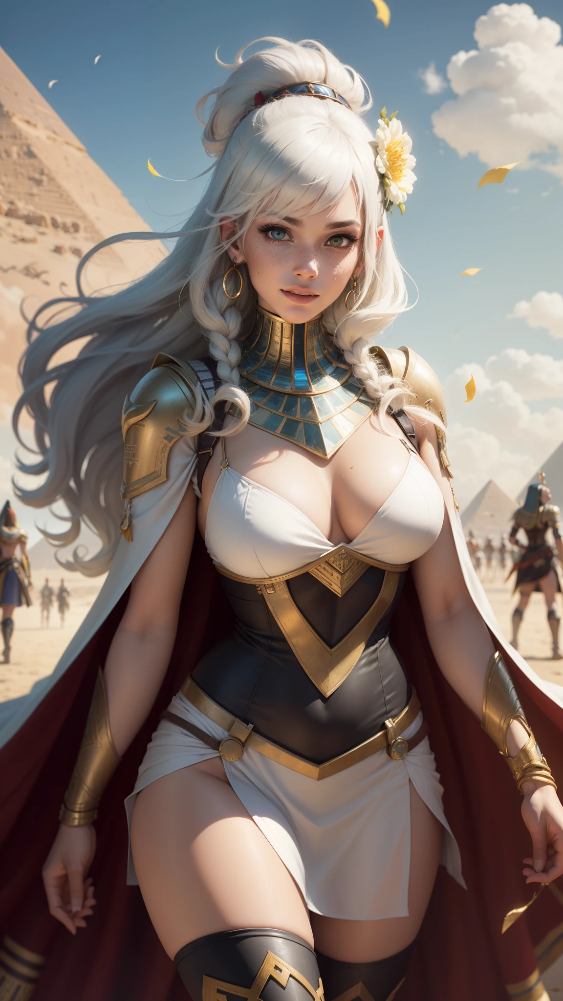 gwen tennyson,yorha 2b,tracer,y'shtola rhul,solo girl,overwatch,atelier ryza,close up,meadow view,tattoos,royal red and white plugsuit,white short sleeve egyptian top,full plate egyptian armor top,long pharaoh skirt,white egyptian corset,long curly hair,pharaoh makeup,green eyes,multicolored silver hair,long dress train,sexy smile, freckles,beautiful girl,egyptian thigh high boots,large breasts,8k,ultra detailed,realistic,fantasy art,egyptian pharaoh uniform,egyptian goddess dress,ear piercings,egyptian hand and neck jewelry,(weather:windy),long white egyptian cape,ancient egypt,pharaoh hair pin,flower petals flying,egyptian pyramid,egyptian pharaoh scepter,