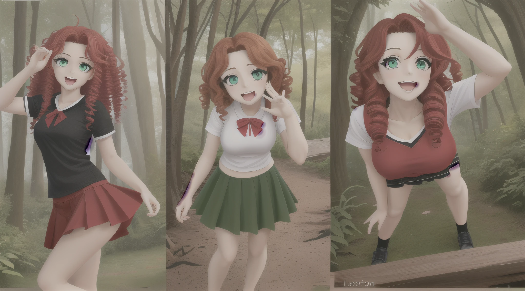 Charakter-Design-Blatt: Unterschiedliche Posen, Turnaround Draw a picture of a 24-year-old woman, 165 cm tall, schlank, sportlich, rotes Haar, lockiges Haar, green eyes, Stelle sie als eine lebensfrohe, junge Frau dar, whose facial expression reflects happiness and relief, different poses from different directions She has red curly hair and green eyes, and embodies a mixture of chaos, neugierig, lucky and inexperienced characteristics. Emphasize her red curls and green eyes, ihre Neugier, their nature and their inner strength. she wears a skirt