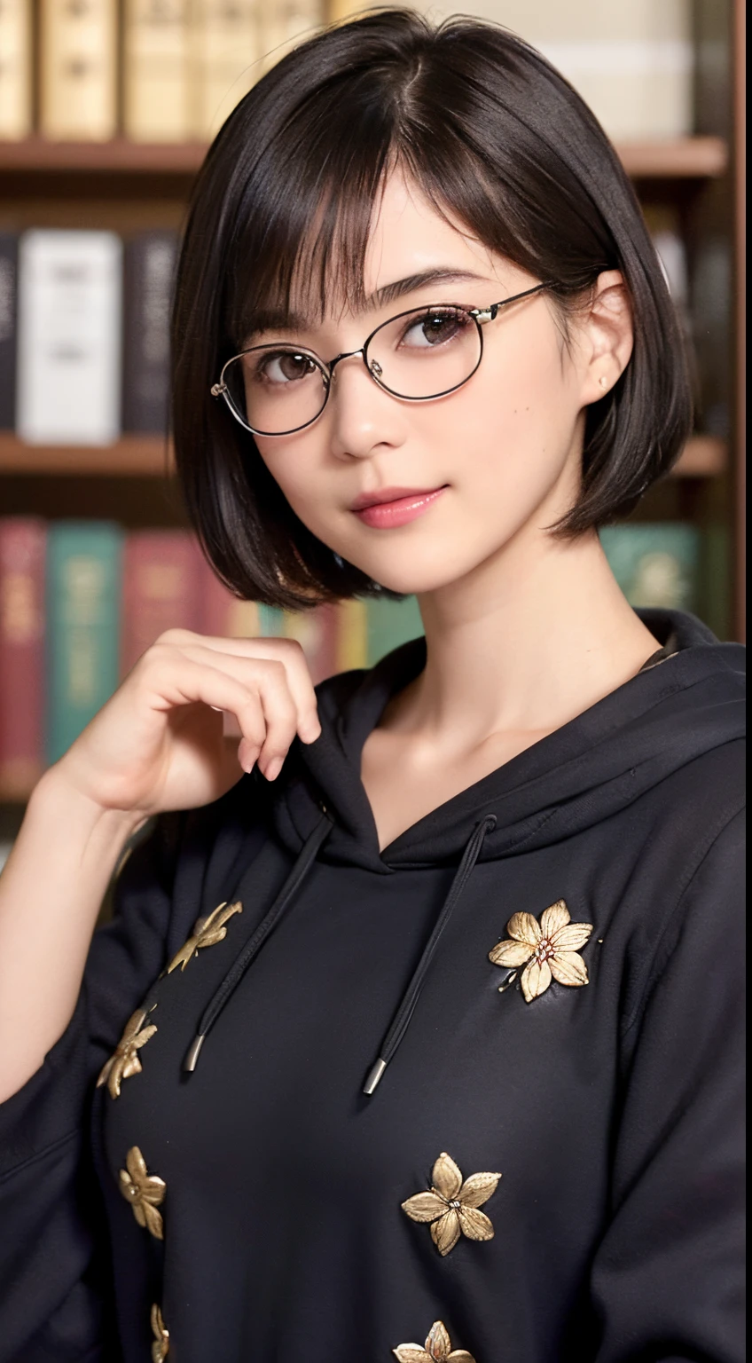 136
(a 20 yo woman,i'i'i'i'i'i'I'm in a dark library), (A hyper-realistic), (high-level image quality), ((beautiful hairstyle 46)), ((short-hair:1.46)), (Gentle smile), (breasted:1.46), (lipsticks), (wears glasses,wide,atlibrary), (florals), (wearing hoodies)