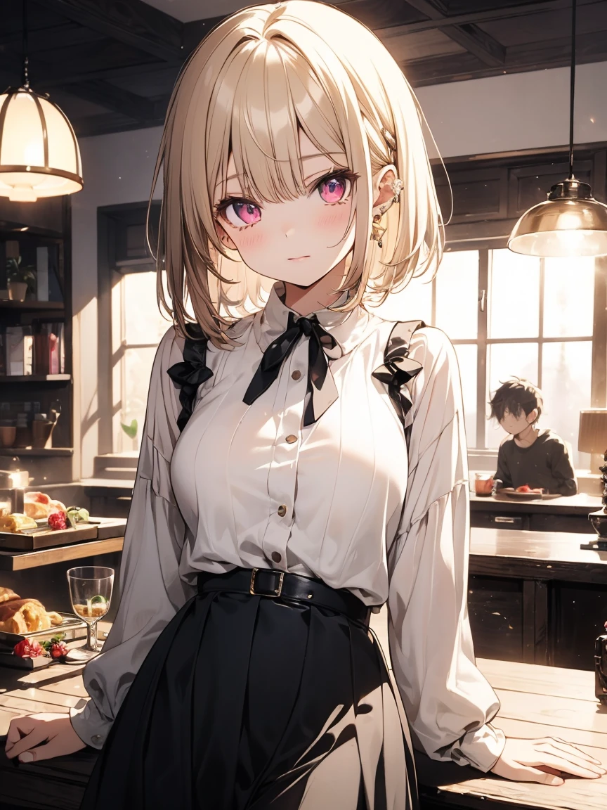 masterpiece, absurdres, best quality, ultra detailed, high Resolution, detailed illustration, (sfw), 1girl, (), cute face, detailed face, magenta eyes, cute eyes, sparkling eyes, big eyes, medium breasts, perky breasts, pointy breasts, medium hips, glamorous body, Surprised, BREAK, long bob cut, (blonde hair:0.8), messy hair, detailed hair, BREAK sweater, long skirt, tiny ribbon, breakfast, fried egg, coffee, real world, natural lights, perfect lighting,