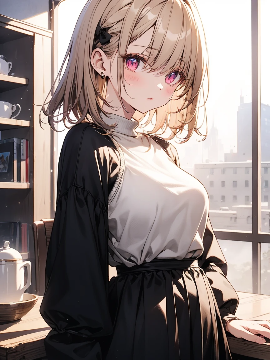 masterpiece, absurdres, best quality, ultra detailed, high Resolution, detailed illustration, (sfw), 1girl, (li), cute face, detailed face, magenta eyes, cute eyes, sparkling eyes, big eyes, medium breasts, perky breasts, pointy breasts, medium hips, glamorous body, Surprised, BREAK, long bob cut, (blonde hair:0.8), messy hair, detailed hair, BREAK sweater, long skirt, tiny ribbon, breakfast, fried egg, coffee, real world, natural lights, perfect lighting,