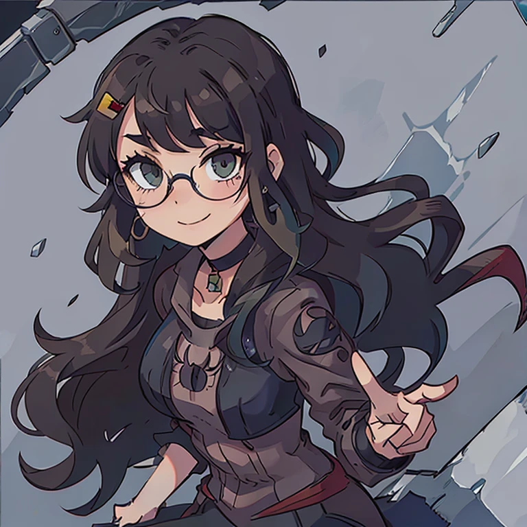 teen girl, brunette long hair bangs, spider hair clips, spider-man suit on that is in a gothic style, black choker around her neck, round dace, greenish siren eyes, glasses on, eyeliner, holding peace sign, spider icon in the middle, spider earrings, she is smiling