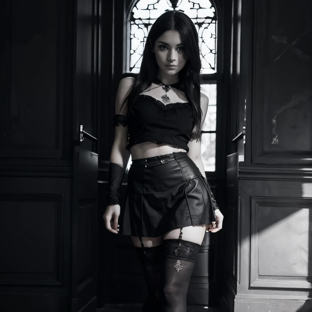 Dark Style,(realistic、Practical: 1.3), 8K, Highest quality, Rembrandt Lighting, (Tense atmosphere: 1.2), (Reality: 1.2), (best quality), (Skin details: 1.3), (Intricate details), Dramatic, 1 Girl,中student, 中student校服,Black long curly hair, Perfect body,student,Cleavage,student裙,Beautiful long legs,High heel, Modern Clothing ,Detailed clothing details(campus,Dark Alley)