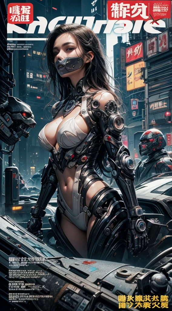 Flowing_contour biomechanical__cybernetic_airbrush___Strange__eerie__((Japanese Fashion_Magazines_cover__art_decor_Border))__porcelain_and_Platinum / Futuristic Cyberpunk woman with porcelain skin, cybernetic implants.